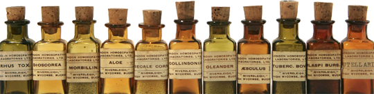 Bottles of ingredients used in Homeopathy